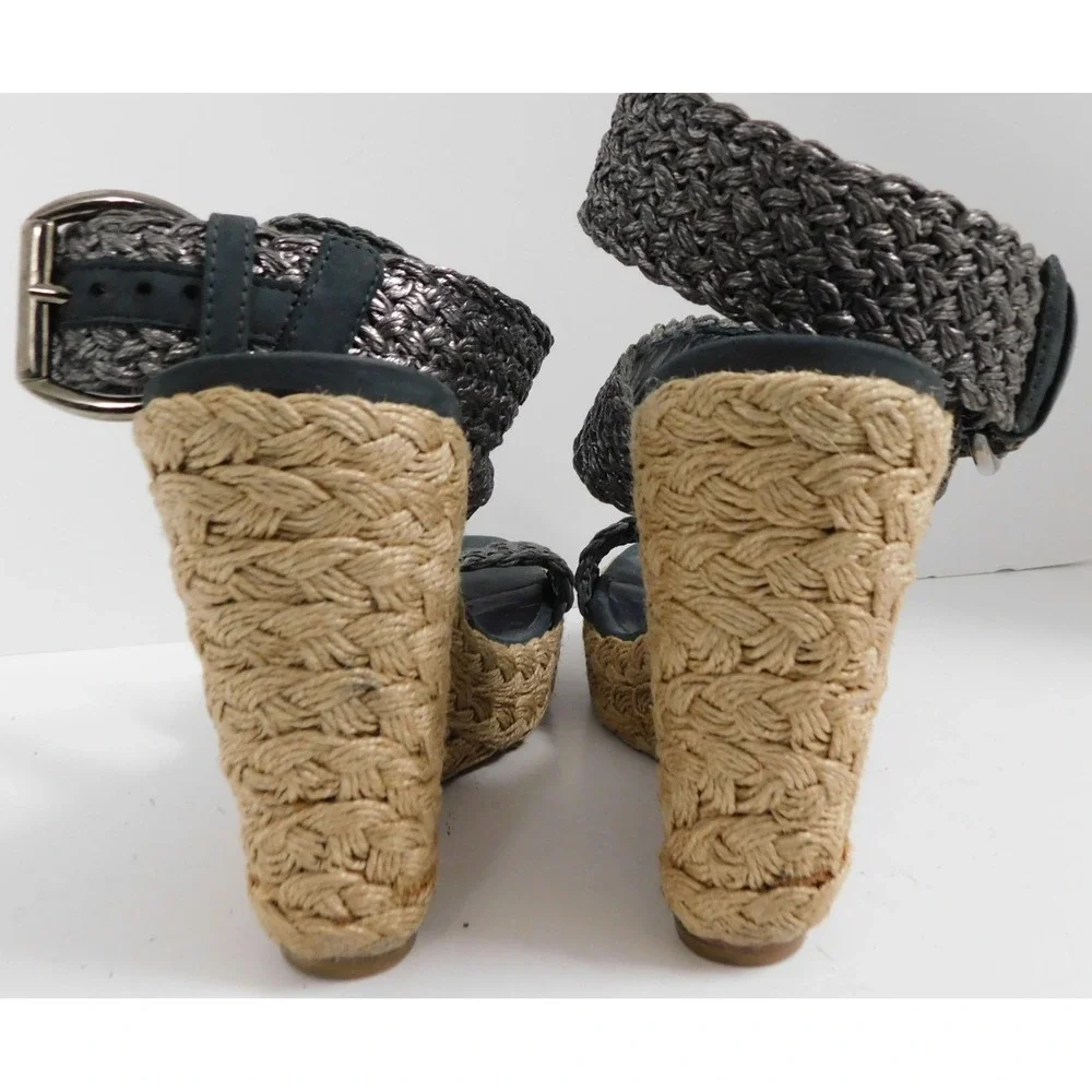 Stuart Weitzman Alex Pewter Wedge Espadrille Woven Ankle Macrame Wedges 8.5 M‎ - Picture 5 of 6